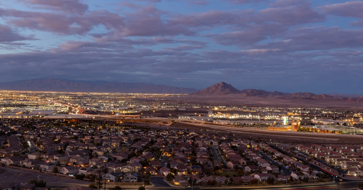 Sunset high angle time view of the Henderson cityscape at Nevada