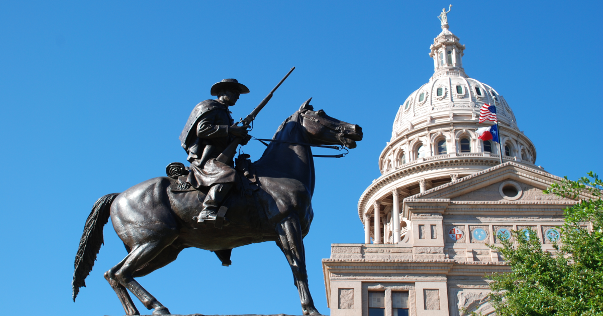 State of Texas Capitol building with a Texas Ranger guarding it at its feet | Swyft Filings