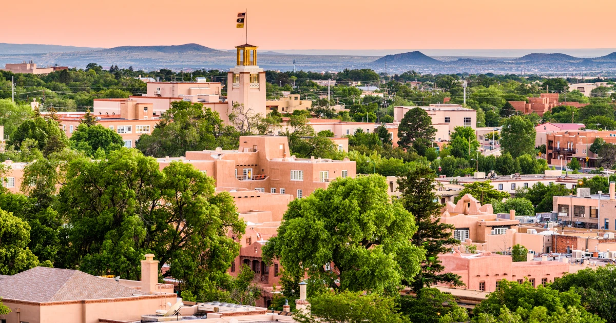 Santa Fe New Mexico downtown skyline at dusk