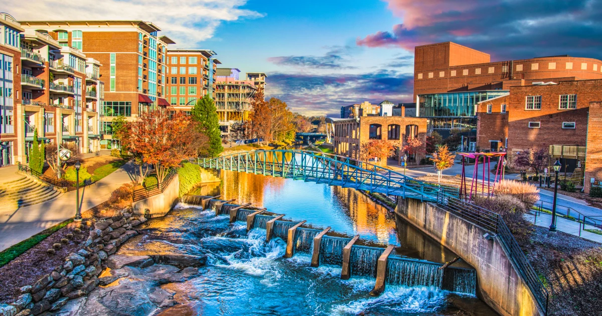 Reedy River and Skyline in Downtown Greenville South Carolina SC