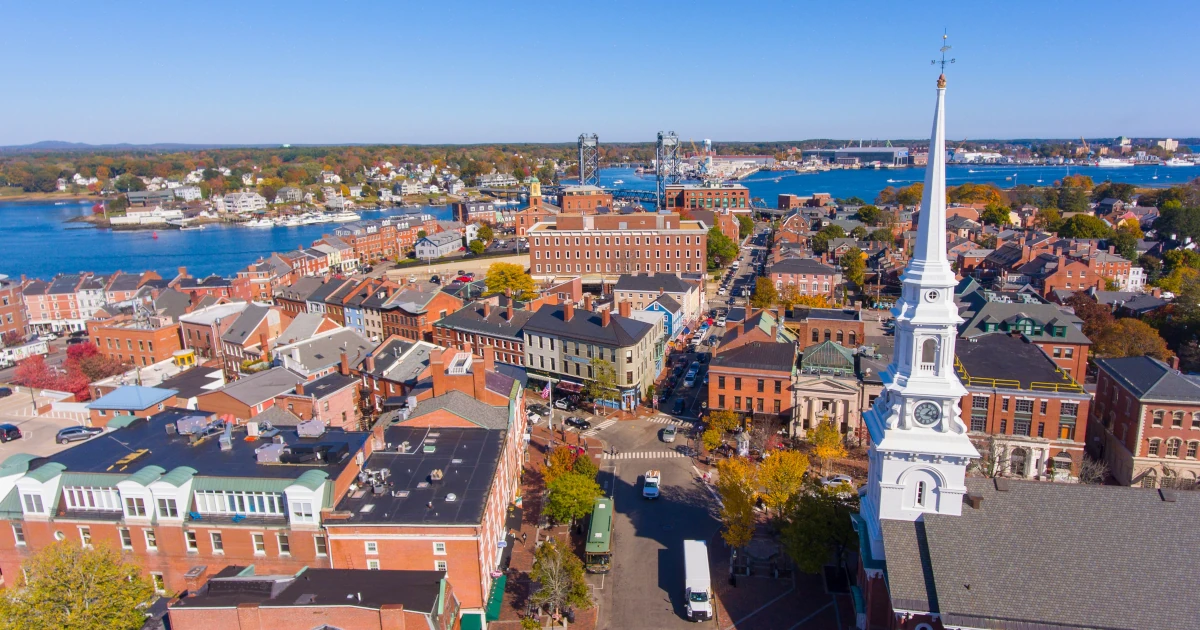 Historic downtown aerial in city of Portsmouth, New Hampshire