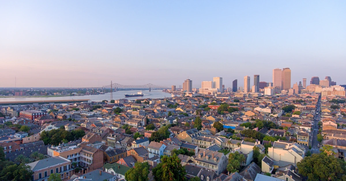 Drone shot of the New Orleans, Louisiana skyline at sunrise