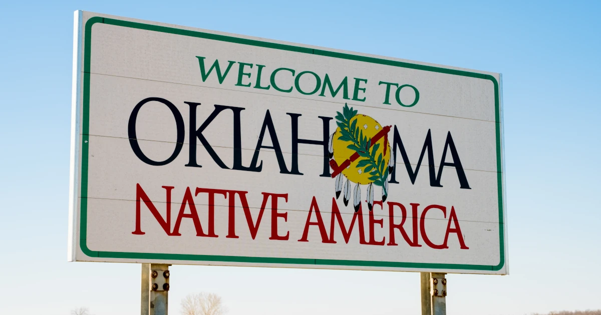 Welcome to Oklahoma Sign on a sunny blue sky day