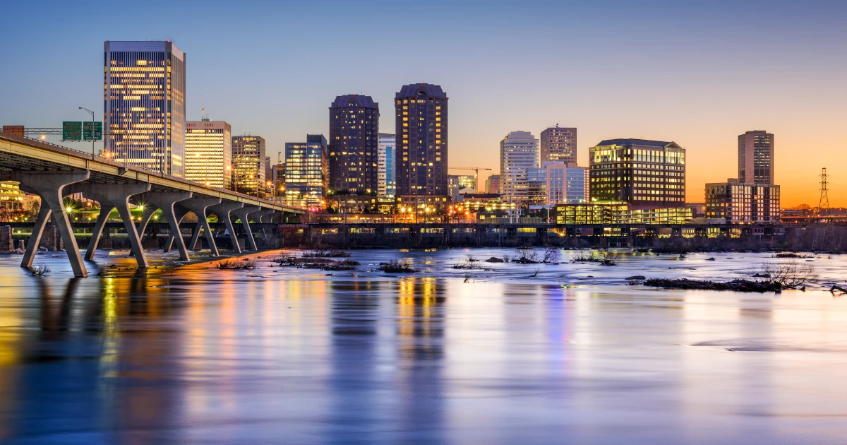 Richmond, Virginia, USA downtown skyline on the James River