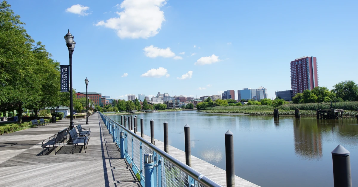 View of the Christina River and Riverwalk in downtown Wilmington Delaware