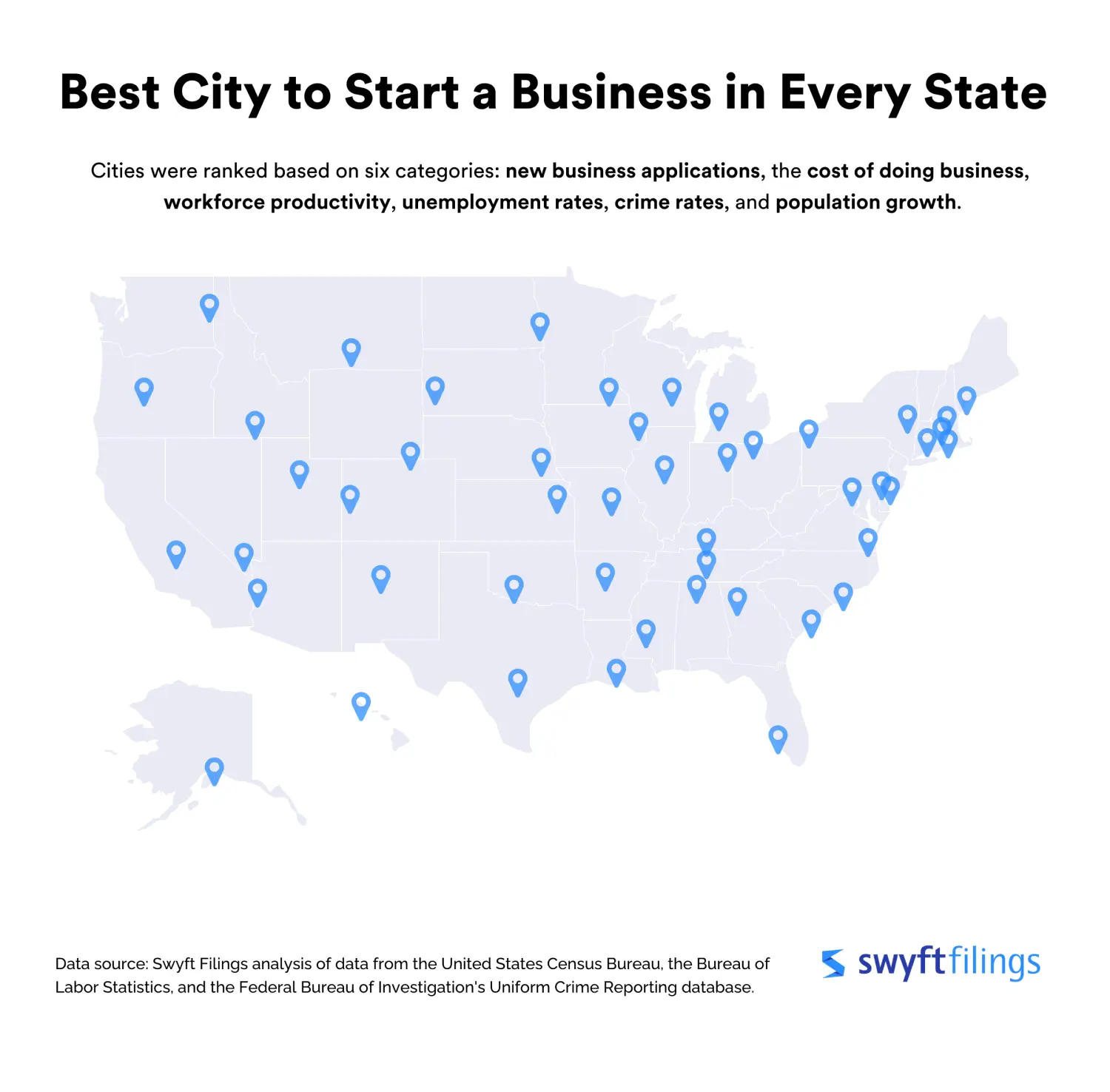 heat map displaying the best city in each state to start a business