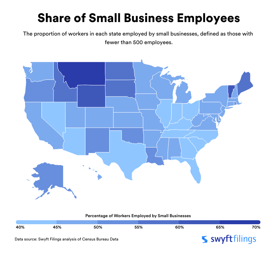 bản đồ nhiệt của Hoa Kỳ có tỷ lệ nhân viên doanh nghiệp nhỏ theo tiểu bang