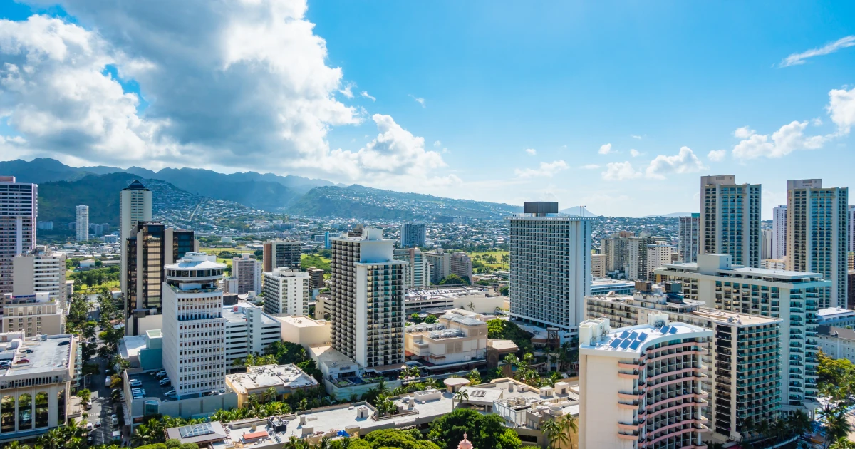 Panorama view of Cityscape and Tantalus Hill in Waikiki, Honolulu, Oahu Island, Hawaii