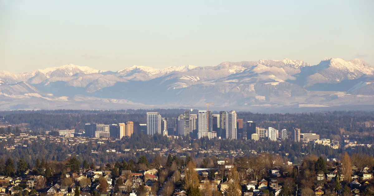 Bird eye view of booming downtown of Bellevue, Washington State