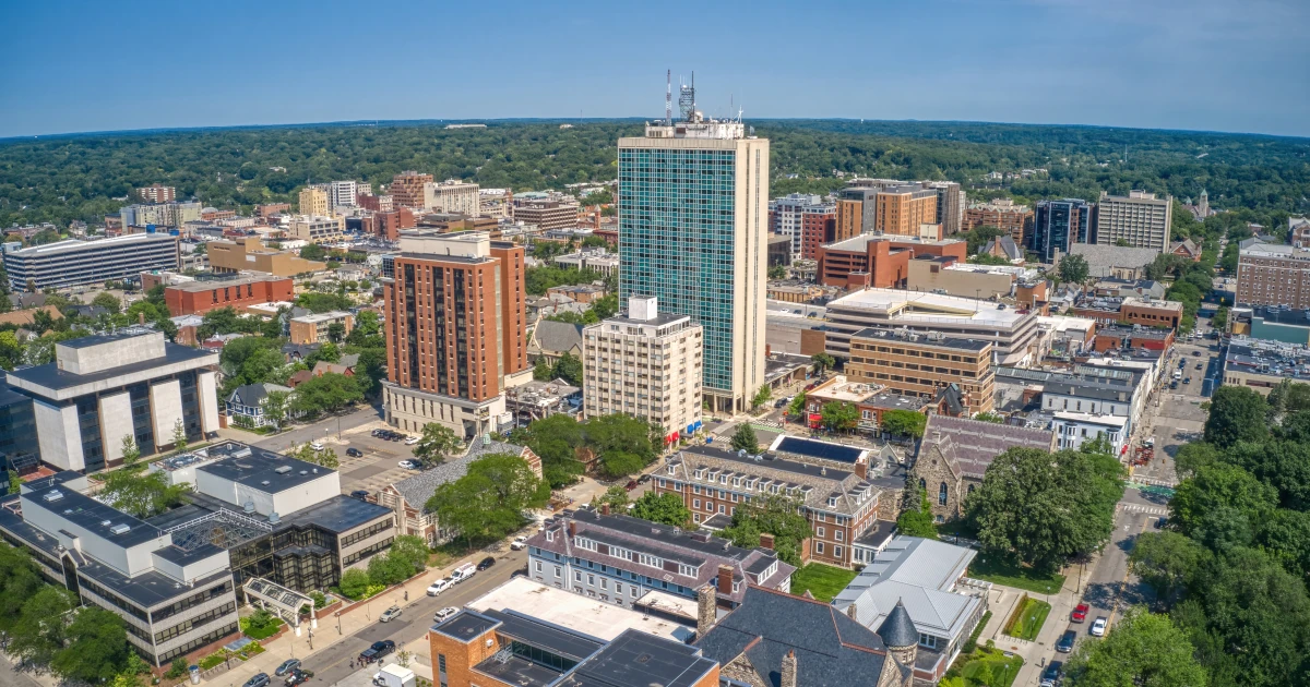 Aerial View of Downtown Ann Arbor, Michigan in Summer