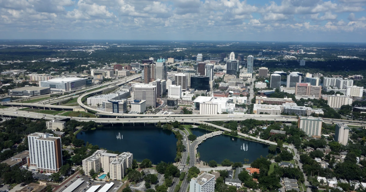 Aerial view of the thriving downtown Orlando, Florida skyline