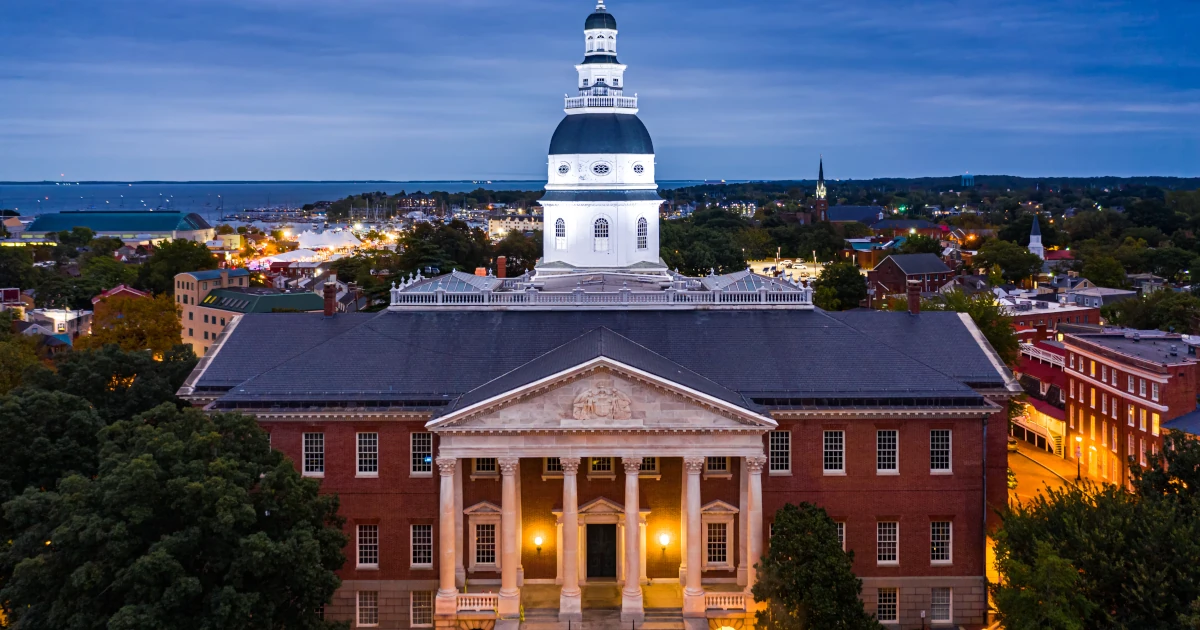Maryland State House, in Annapolis, at dusk