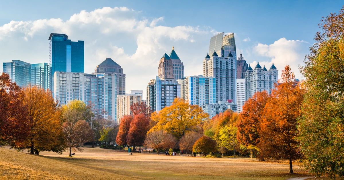 Atlanta, Georgia, USA midtown skyline from Piedmont Park in autumn