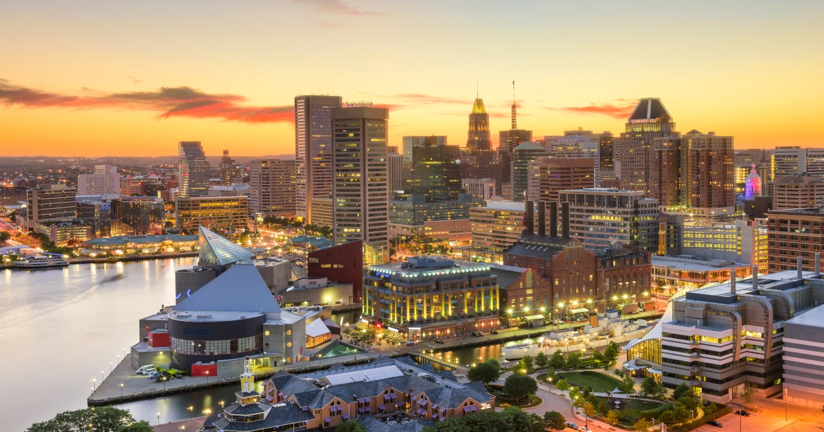 Baltimore, Maryland, USA downtown cityscape at dusk