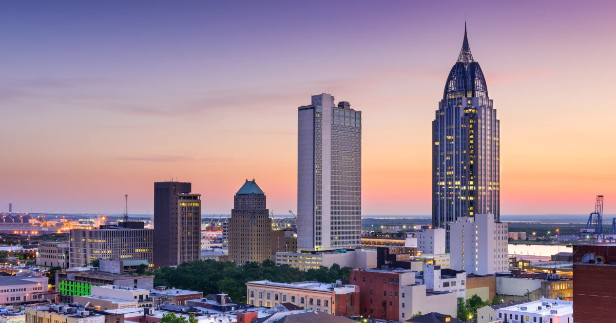 Mobile, Alabama, USA downtown skyline at dusk