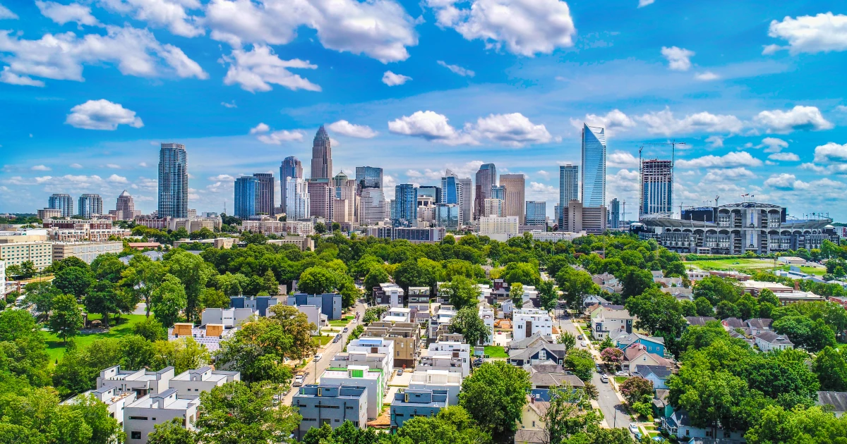 Drone Aerial of Downtown Charlotte North Carolina Skyline