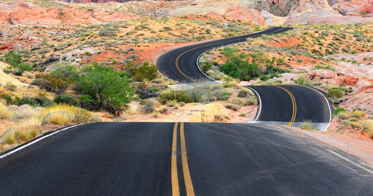 A road runs through Valley of Fire State Park near Las Vegas Nevada