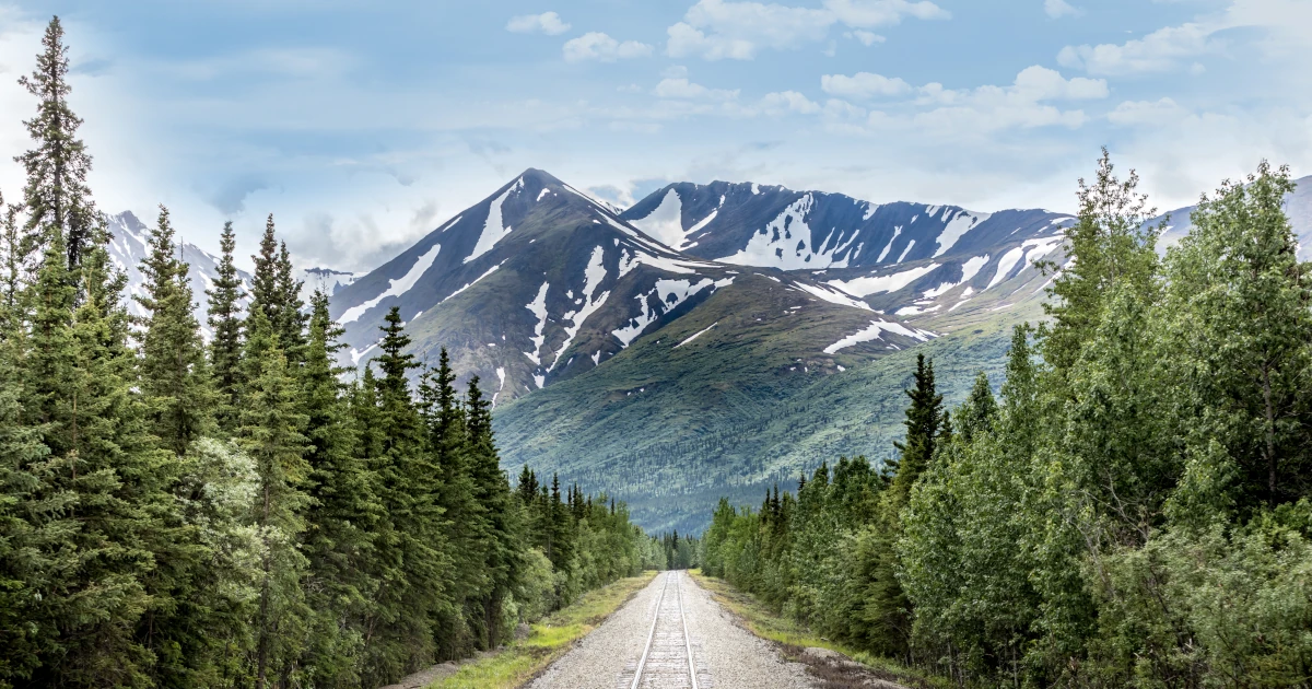 Mountain range and railroad track in Denali National Park Alaska