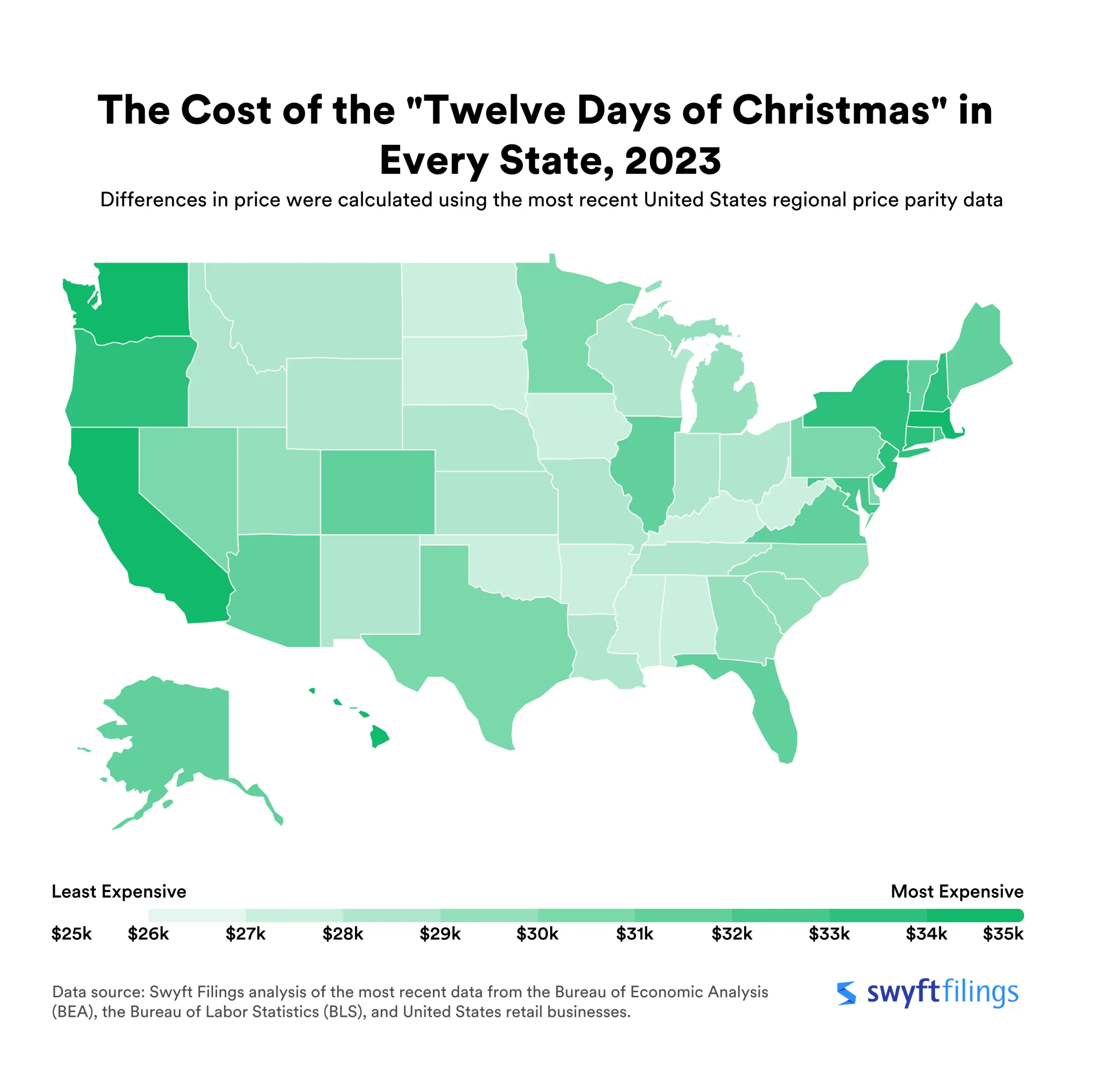 heat map of the united states showing regional differences in the cost of the gifts listed in "The 12 Days of Christmas"