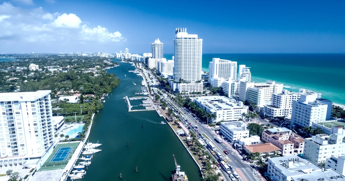 Miami Beach aerial view from helicopter at dusk, Florida - USA