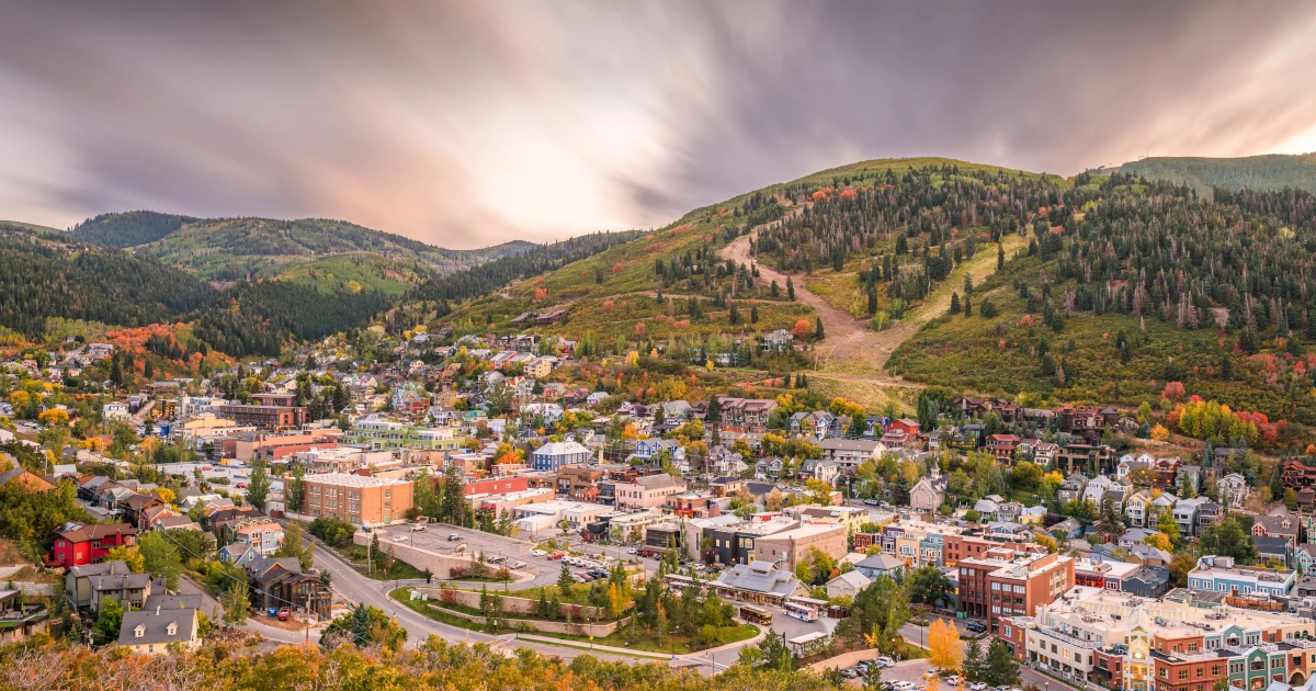 Park City, Utah, USA downtown in autumn at dusk