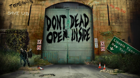 Gates with "don't dead open inside" written on them