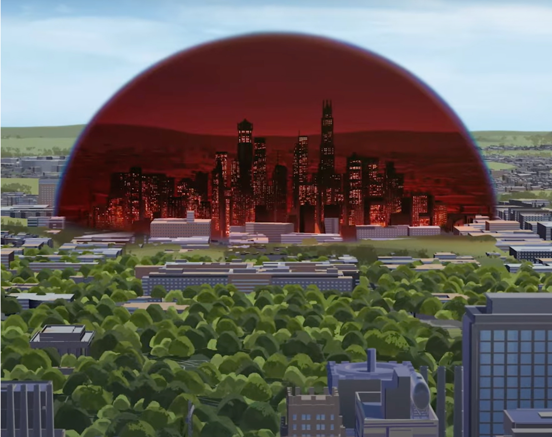 Zoomed out view of city with red orb around downtown