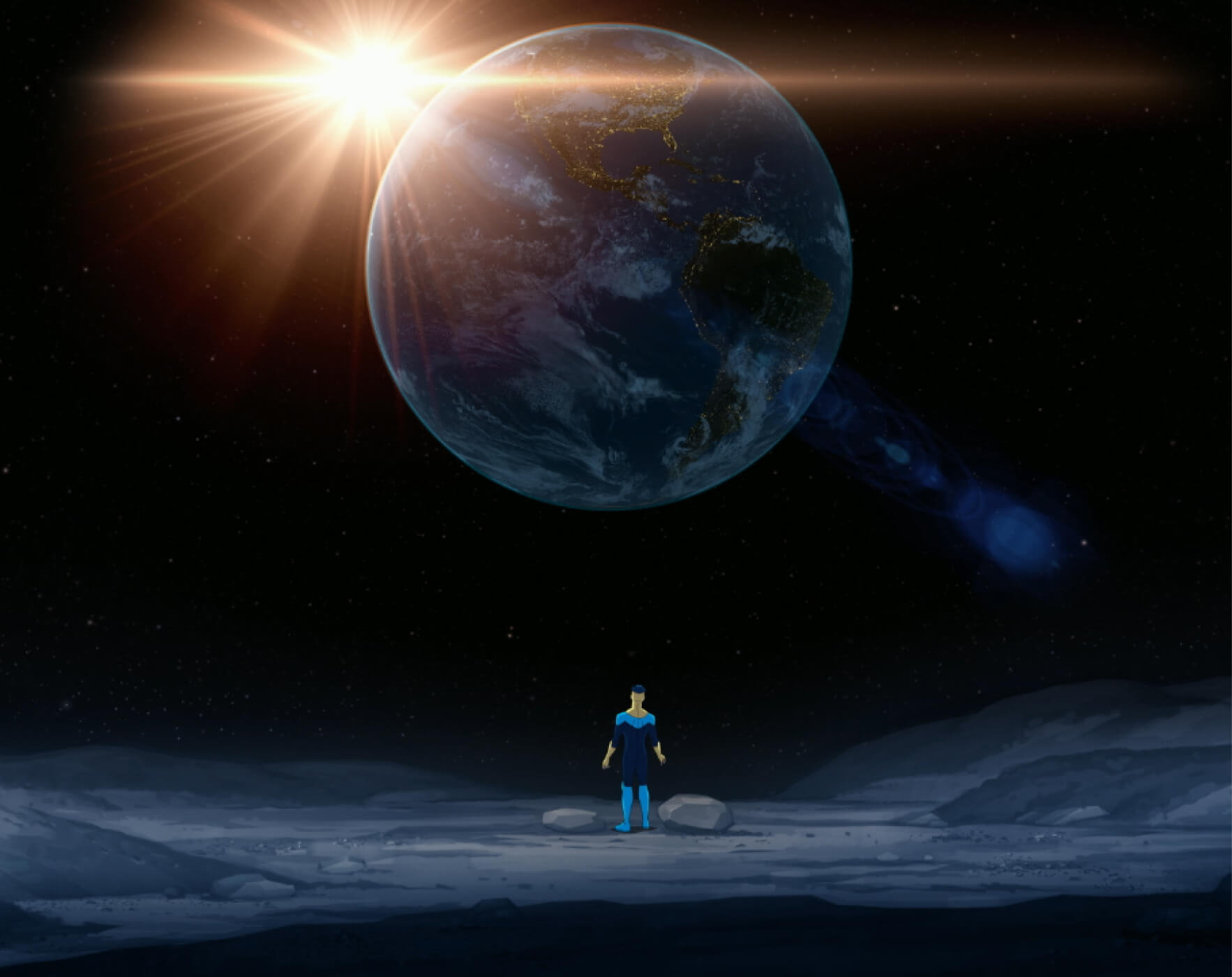 Invincible standing on moon looking back at earth