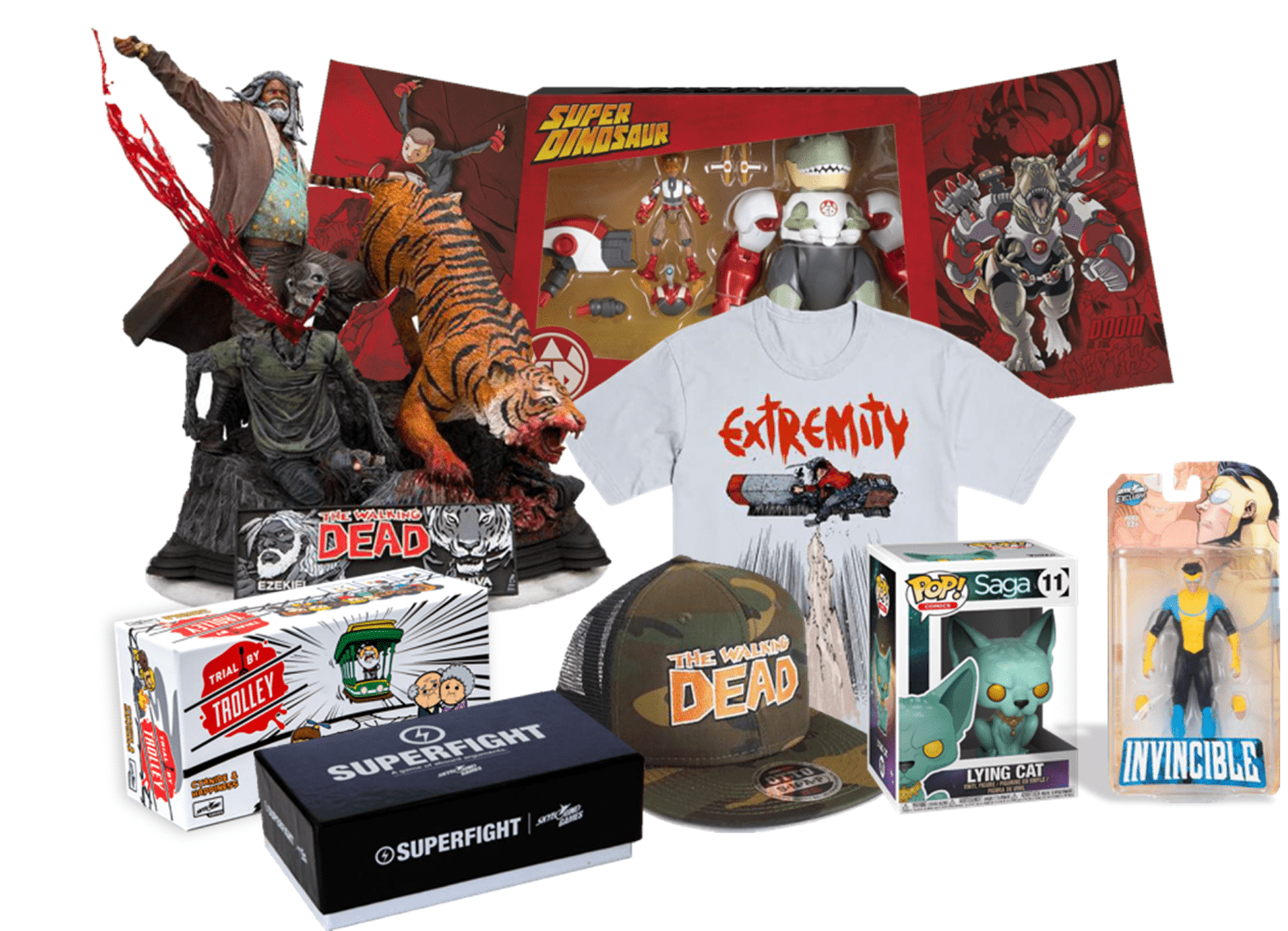 merchandise bundle including an Invincible action figure, The Walking Dead hat, Extremity tee and more