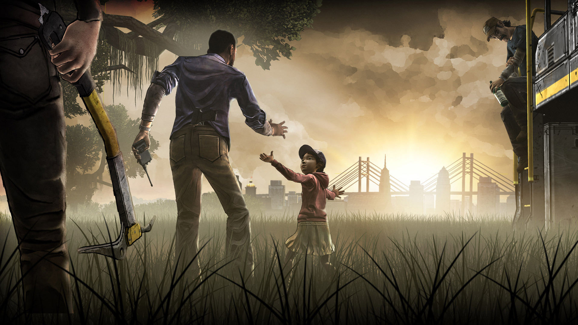 Clementine and Lee walking towards a city 