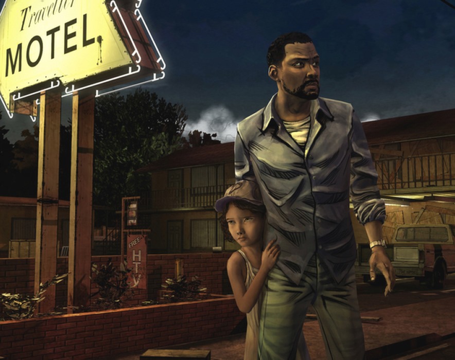 Lee and Clementine in front of a motel 