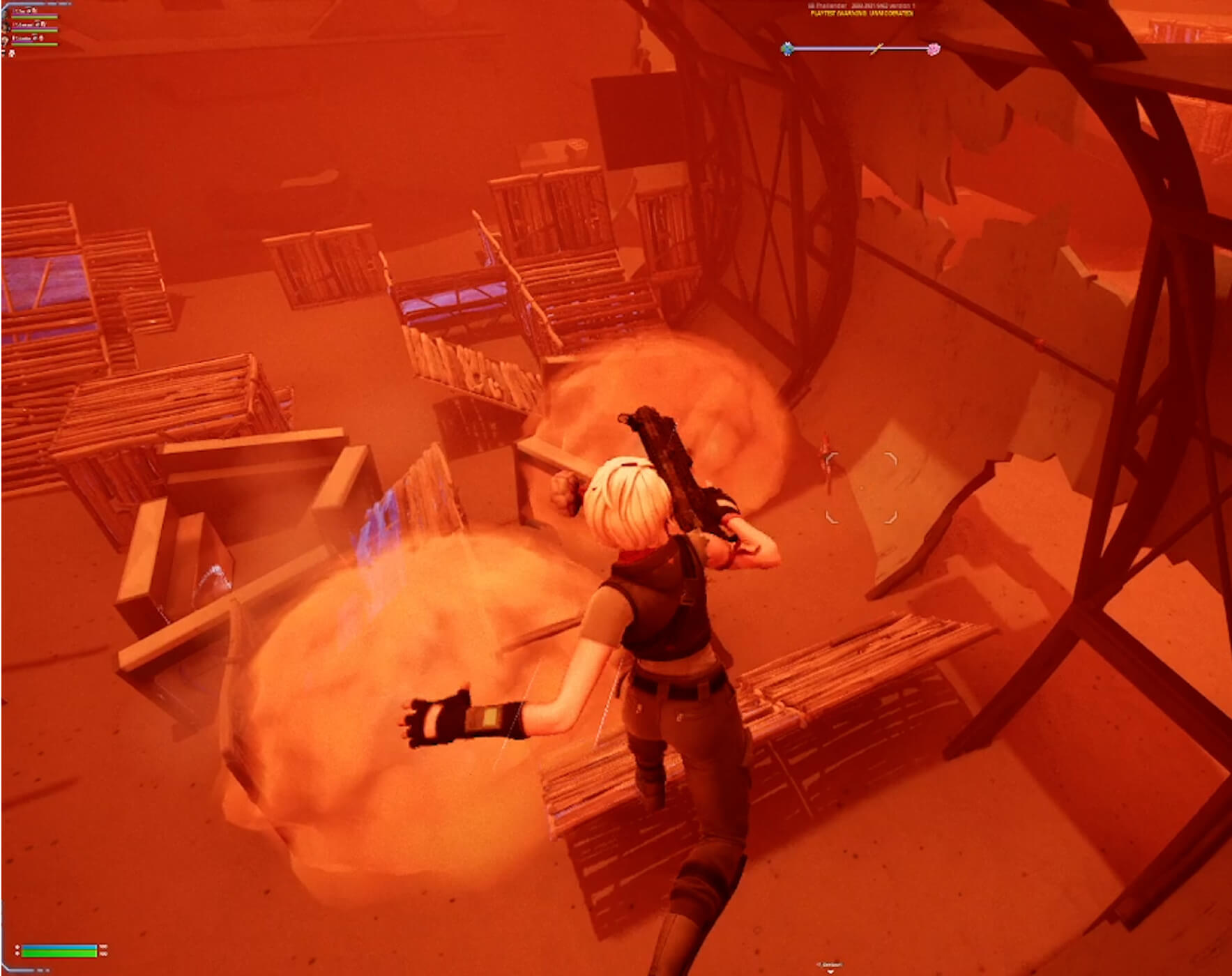 Gameplay screenshot showing a character jumping off a platform with sand clouds below