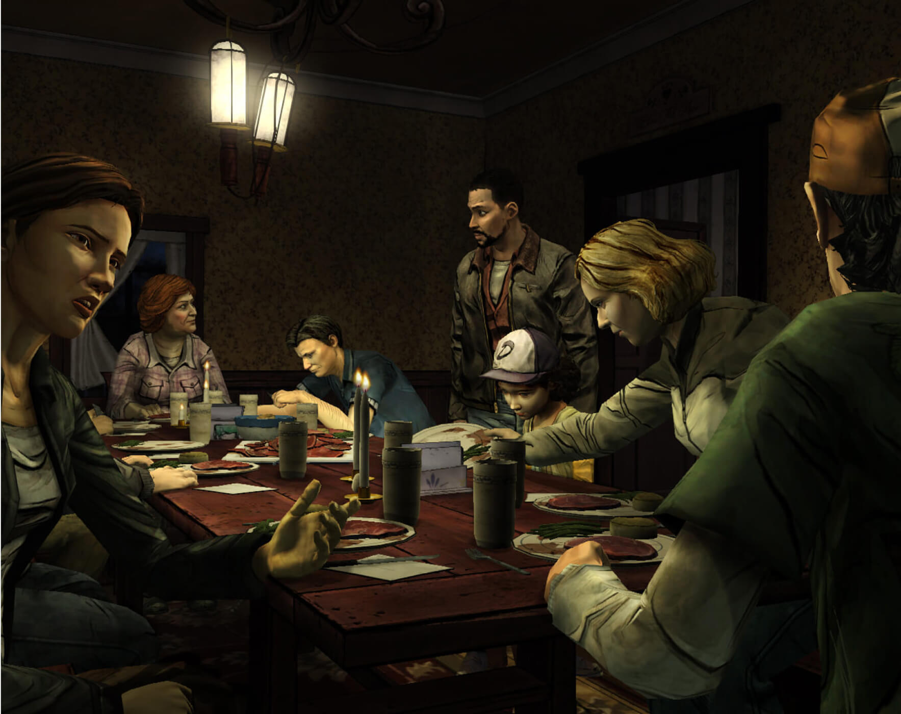 Lee, Clementine, and other characters from the season are sitting at the table eating.