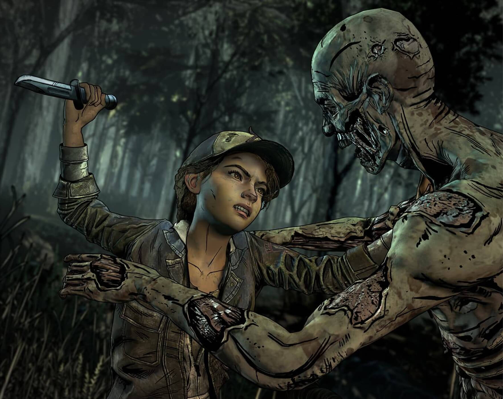 Clementine stabbing a walker that's attacking her in the woods.