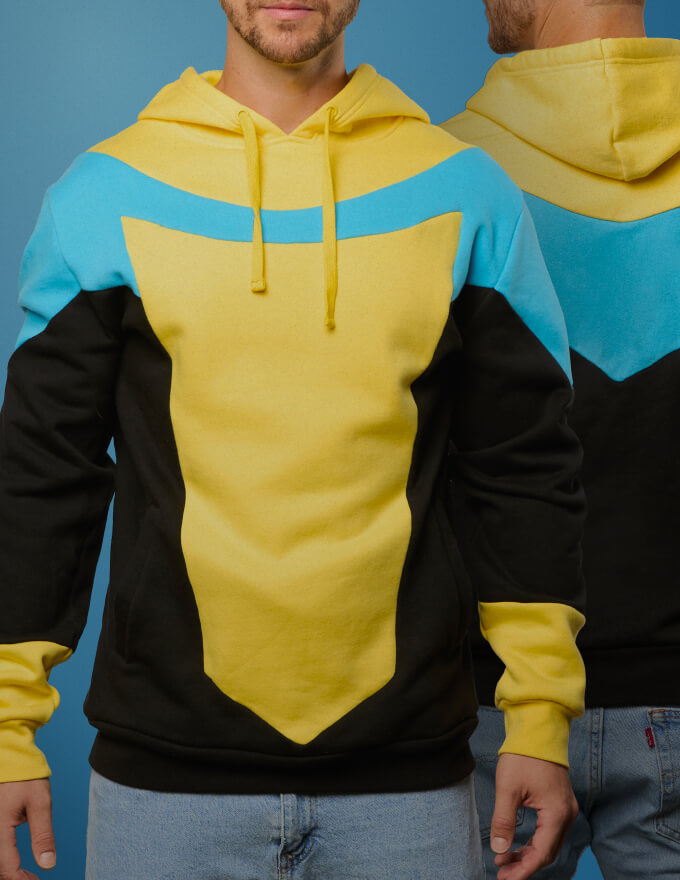 Model wearing the Invincible hoodie showing the front and back design of Invincible's blue and yellow suit