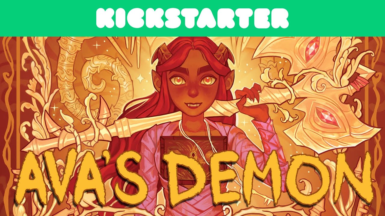 Ava's Demon holding an axe with the kickstarter logo at the top