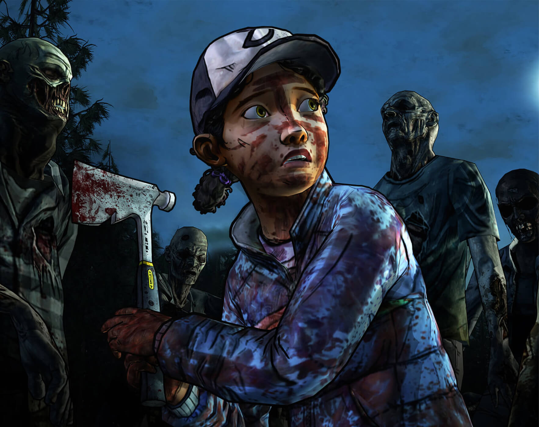 Clementine standing in the middle of a heard of walkers with blood on her face and holding a bloody hatchet.