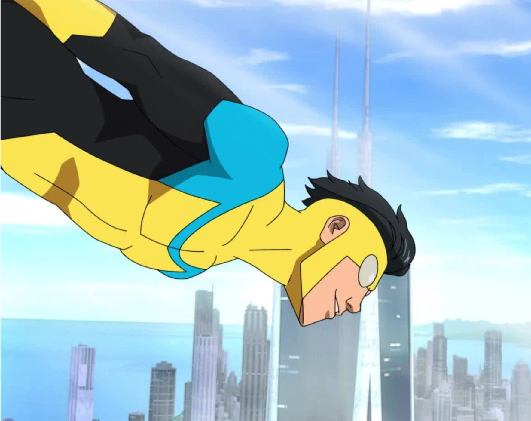 Invincible flying wearing new blue and gold suit