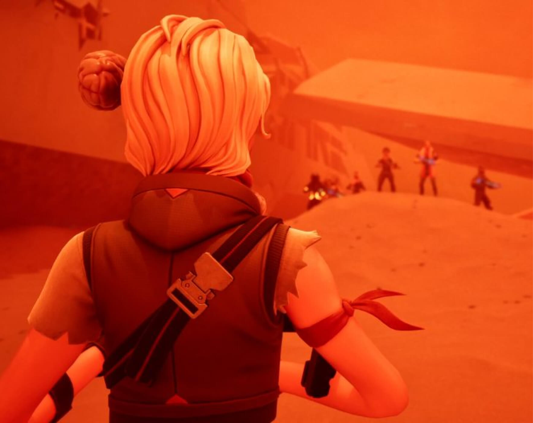 Gameplay Preview showing the point of view of a character overlooking a group of people in the distance