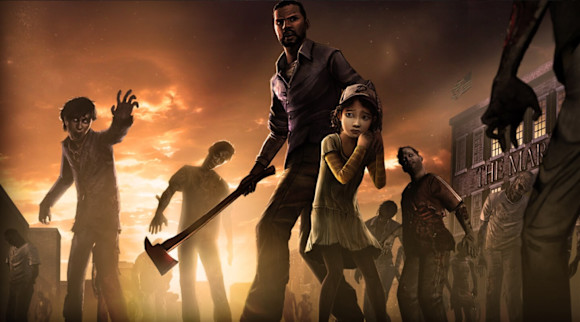 Clementine and Lee standing together. Lee's holding an axe in one hand and has his other hand on Clementine's shoulder. A herd of Walkers are approaching them in the background.