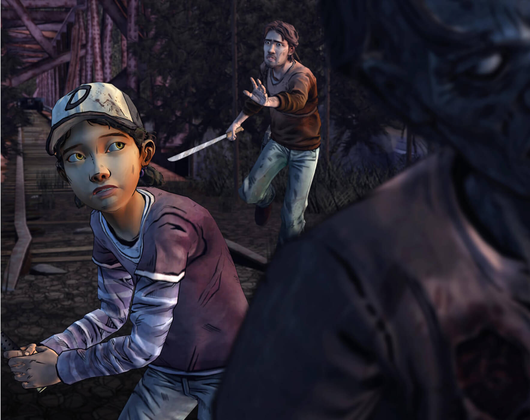 Clementine standing behind a walker with an axe. Luke is running up behind her with his arm stretched out and a worried look on his face.