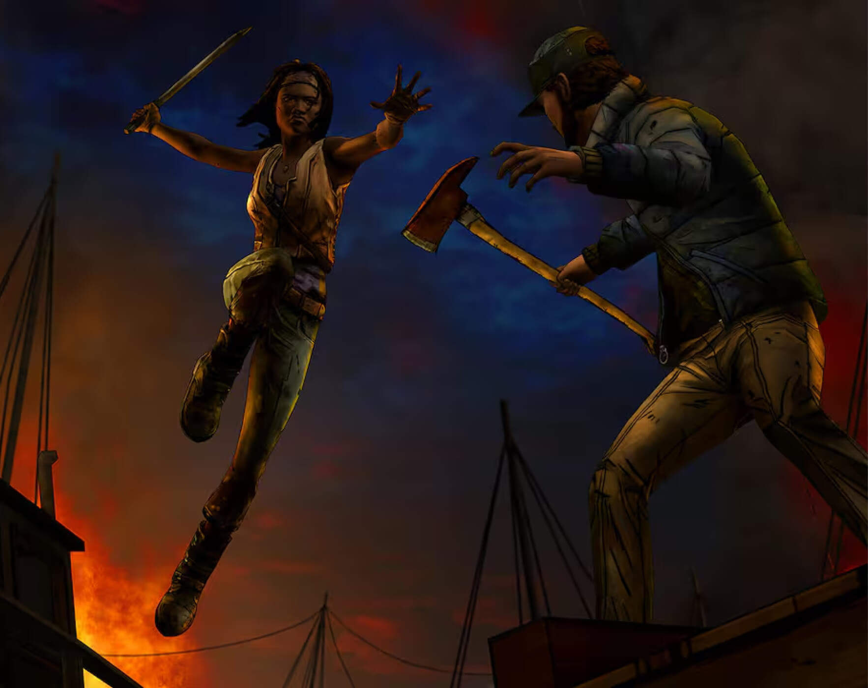 Michonne jumping in the air with her katana in hand and another character below her holding an axe.