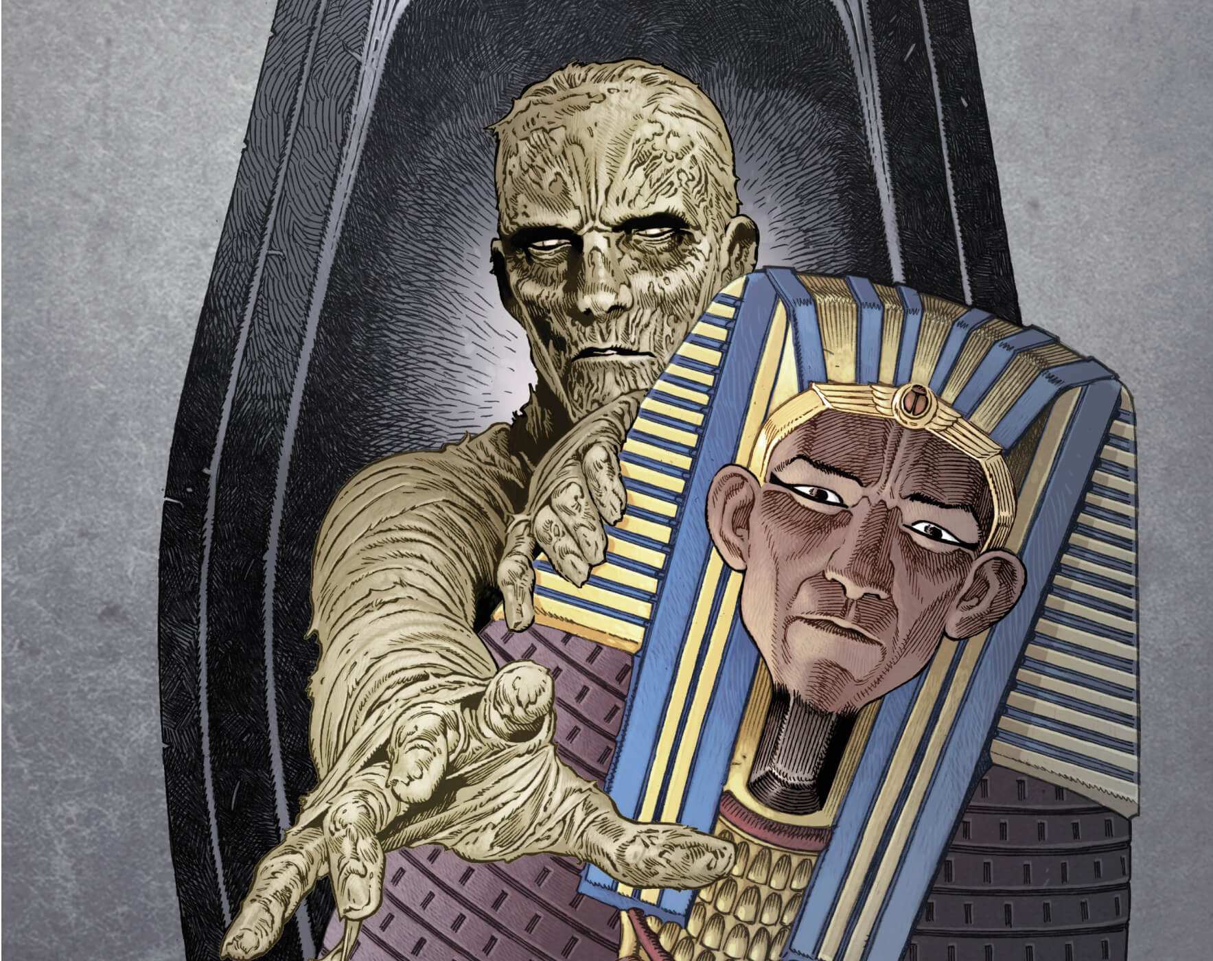 Detail of variant showing the mummy laying in a sarcophagus with the top pushed off and his hand reaching upwards