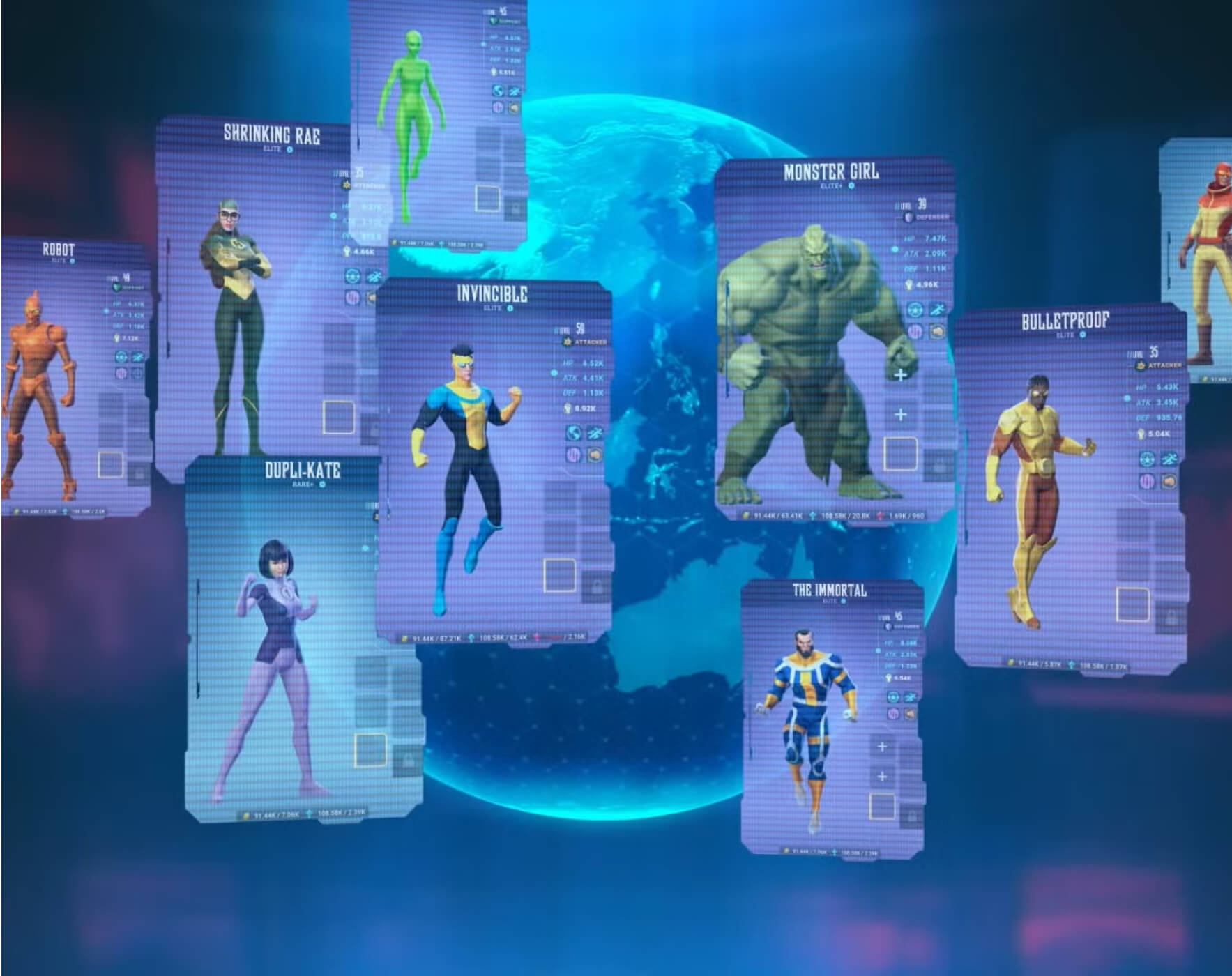 Graphic showing each character in a stat card-like format with a globe in the background