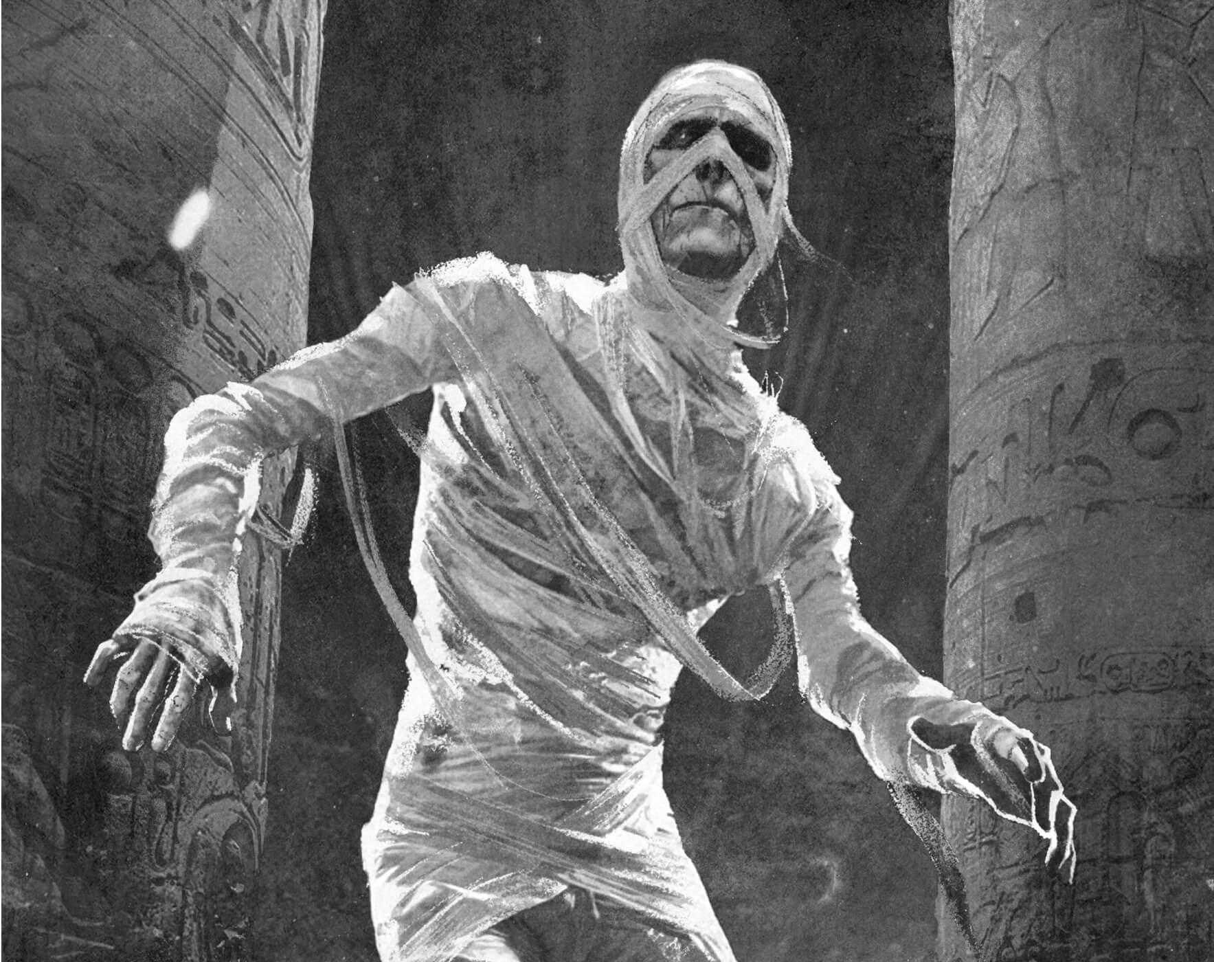 Detail of the black and white variant showing the mummy walking between two columns