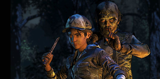 Clementine holding a knife. Another character wearing a walker mask is standing behind her with their pointer finger over their mouth.