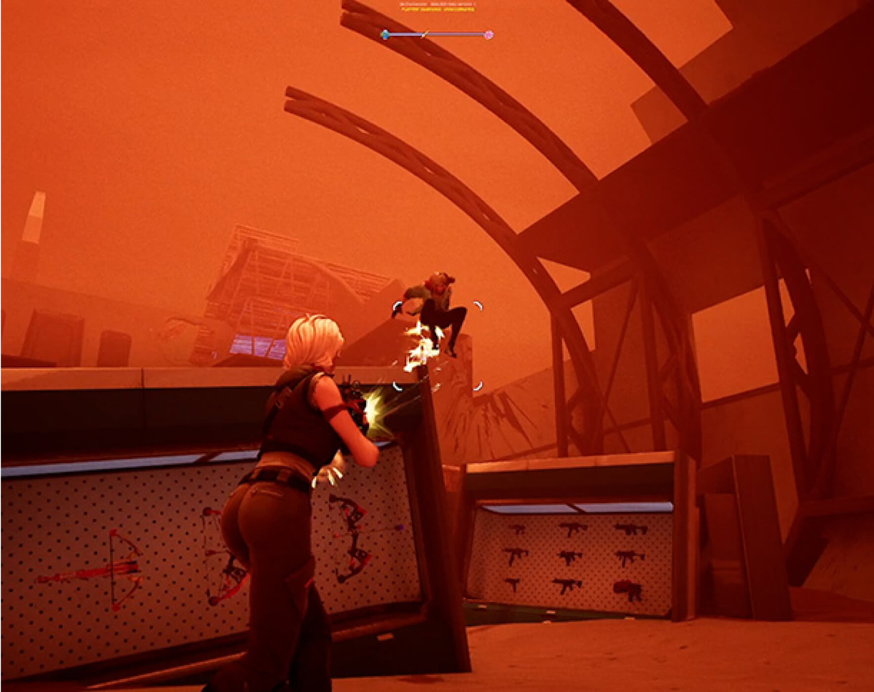 Gameplay preview showing a character shooting at someone in the distance