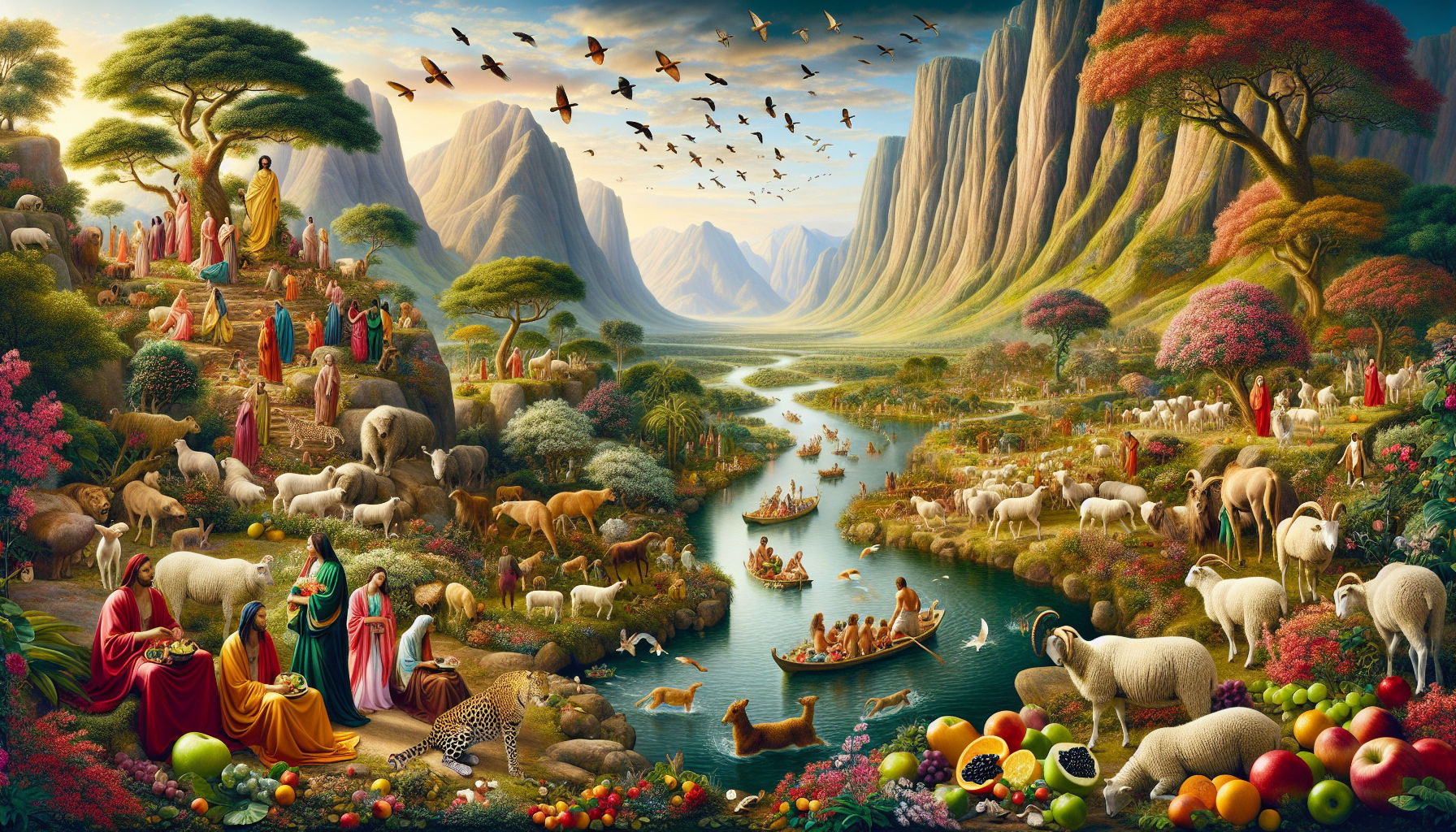 This image depicts a lush and idyllic landscape filled with an abundance of flora and fauna. It is a fine example of a classical pastoral scene. The foreground displays a variety of animals that include sheep, lions, and leopards living in harmony alongside humans. In addition to the animals, there are groups of people who appear peaceful and at rest, dressed in colorful robes, which gives the scene a timeless or mythological feel. Fruit and flowers are spread out on the ground, adding to the sense of abundance and fertility. In the middle ground, we can see a river meandering through the valley, with small boats and more groups of animals sprinkled throughout the verdant landscape. The background consists of majestic, high mountains that tower over the scene, providing a grand and serene backdrop to the tranquil life in the foreground. Flying above the valley are several birds, hinting at the freedom and natural beauty of the area. Overall, the scene is likely designed to evoke an Edenic paradise, where nature and humanity exist in a peaceful, unspoiled state.