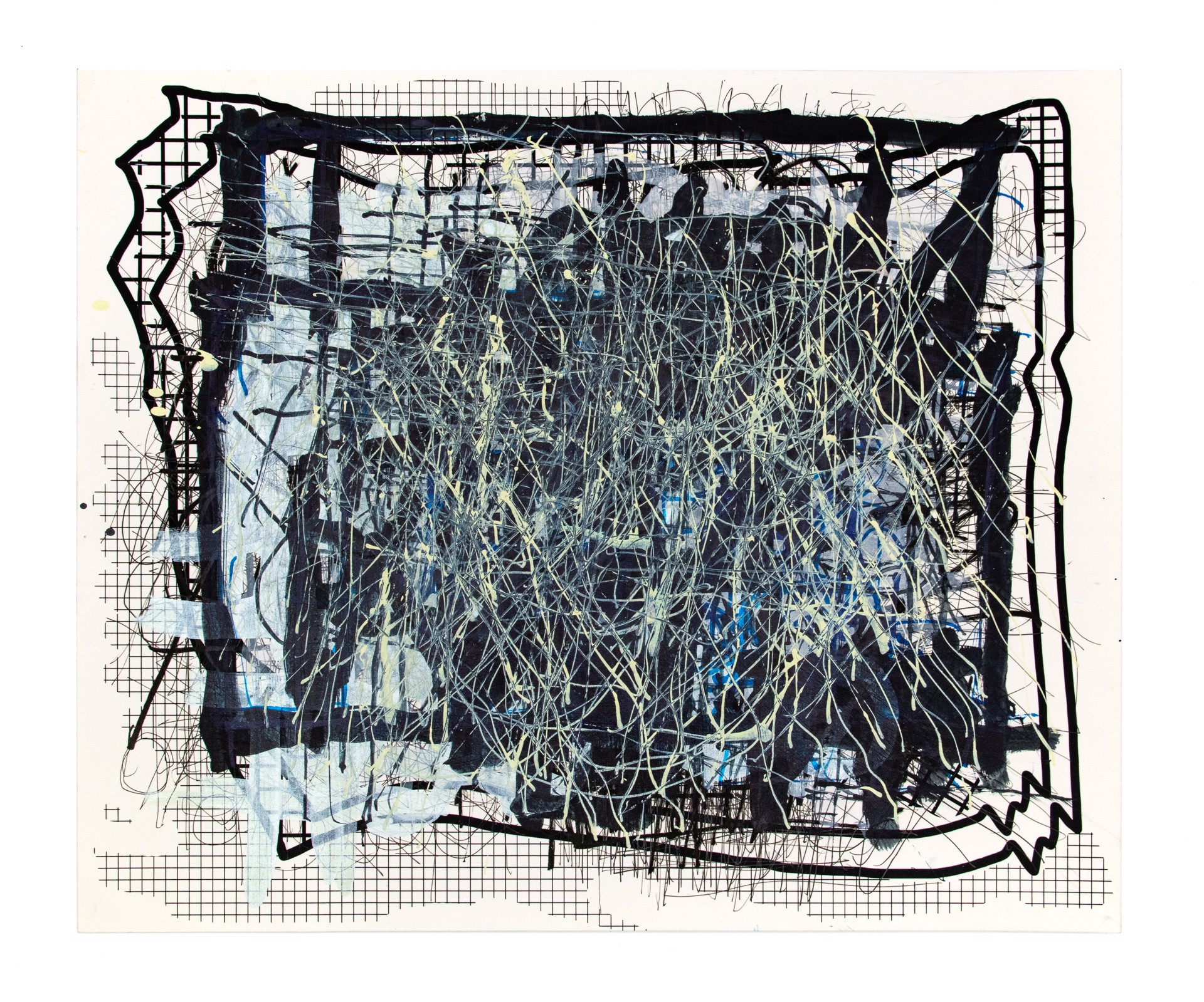 An abstract composition is dominated by dense, overlapping lines and scribbles in various colors, primarily blues and blacks, creating a sense of chaotic energy. The background features grid-like patterns and architectural drafts, contrasted with freeform, organic shapes seemingly floating above it.