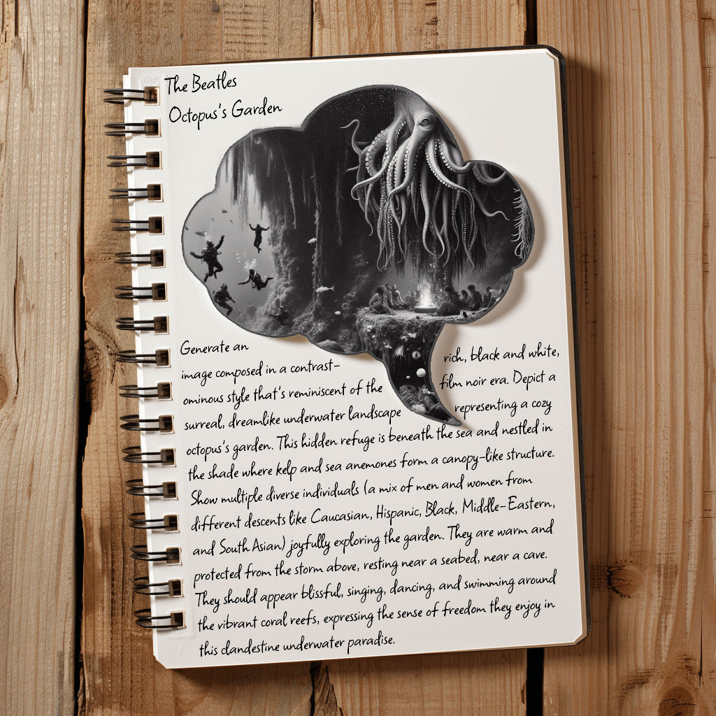 A notebook on a desk shows how Dall-E re-interpreted the lyrics of The Beatle's Octopus's Garden, and the picture it drew from that prompt.